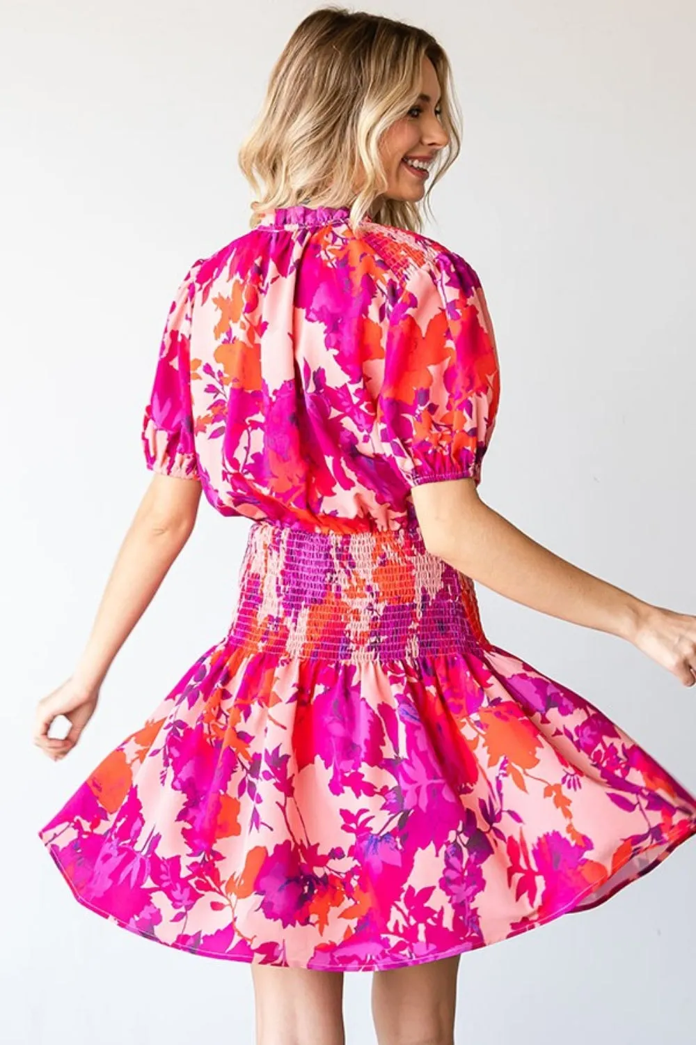 Women's Floral Short Sleeve Smocked Mini Dress
