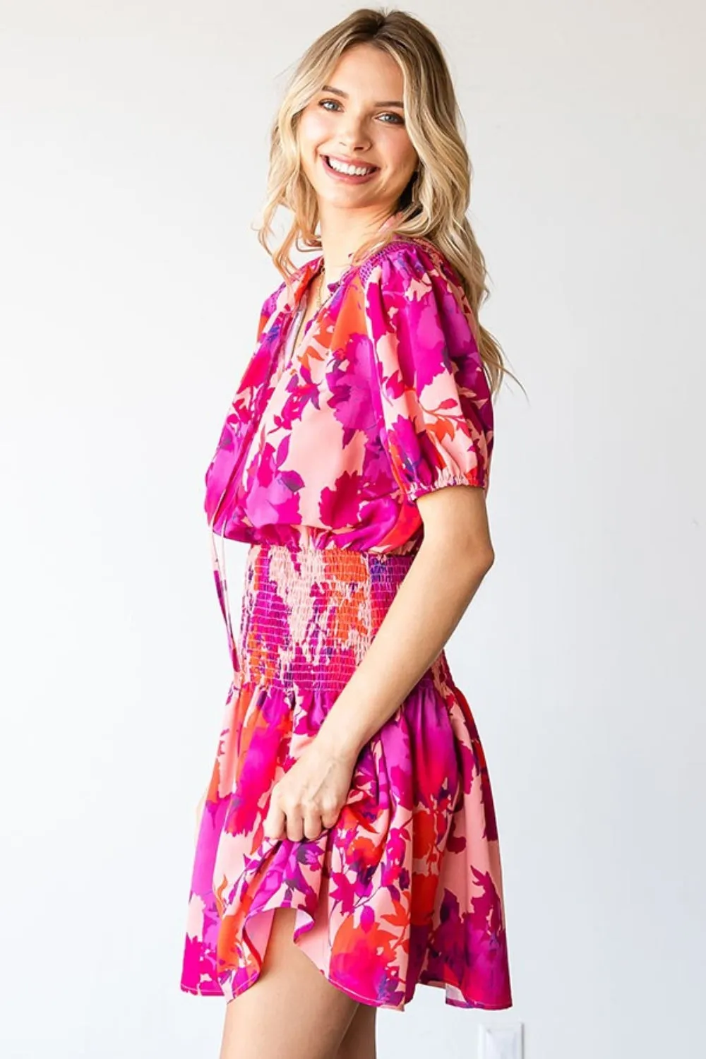Women's Floral Short Sleeve Smocked Mini Dress