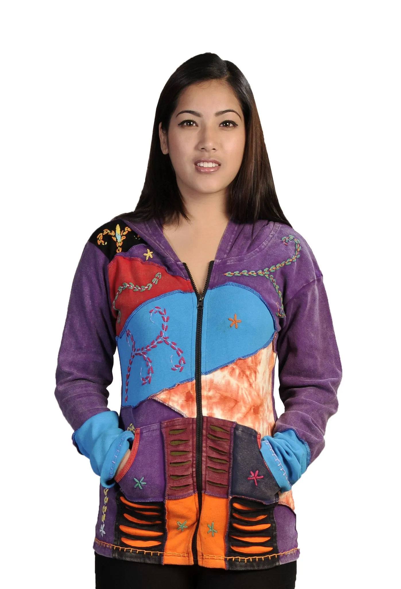 womens-long-sleeve-multicolored-stone-washed-cotton-cardigan-attach-hood