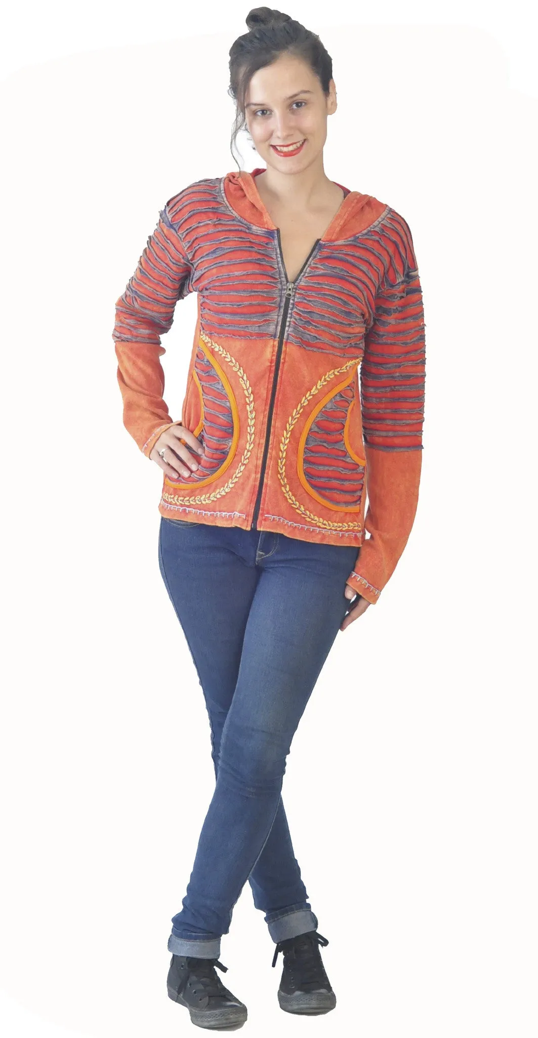 womens-multicolored-stone-washed-cotton-cardigan-with-attach-hood-razor-cut