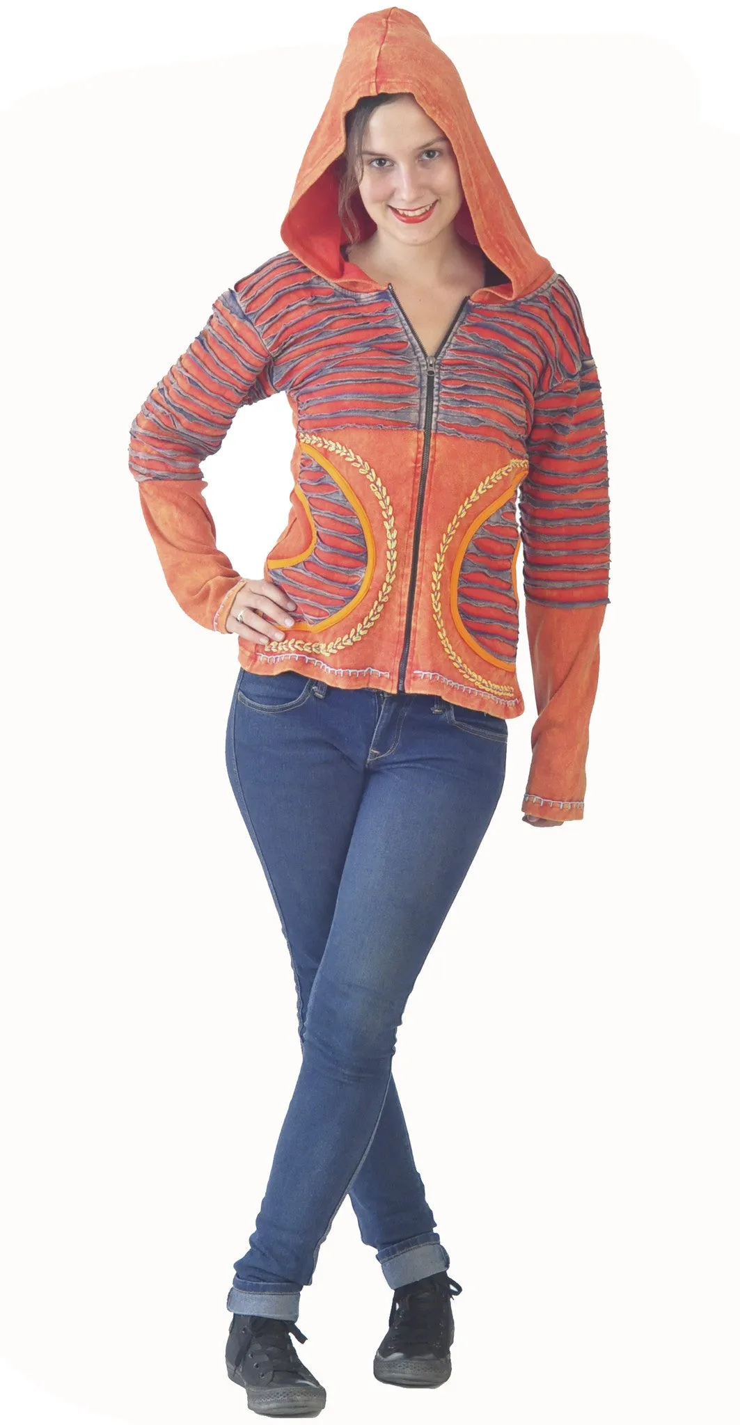 womens-multicolored-stone-washed-cotton-cardigan-with-attach-hood-razor-cut