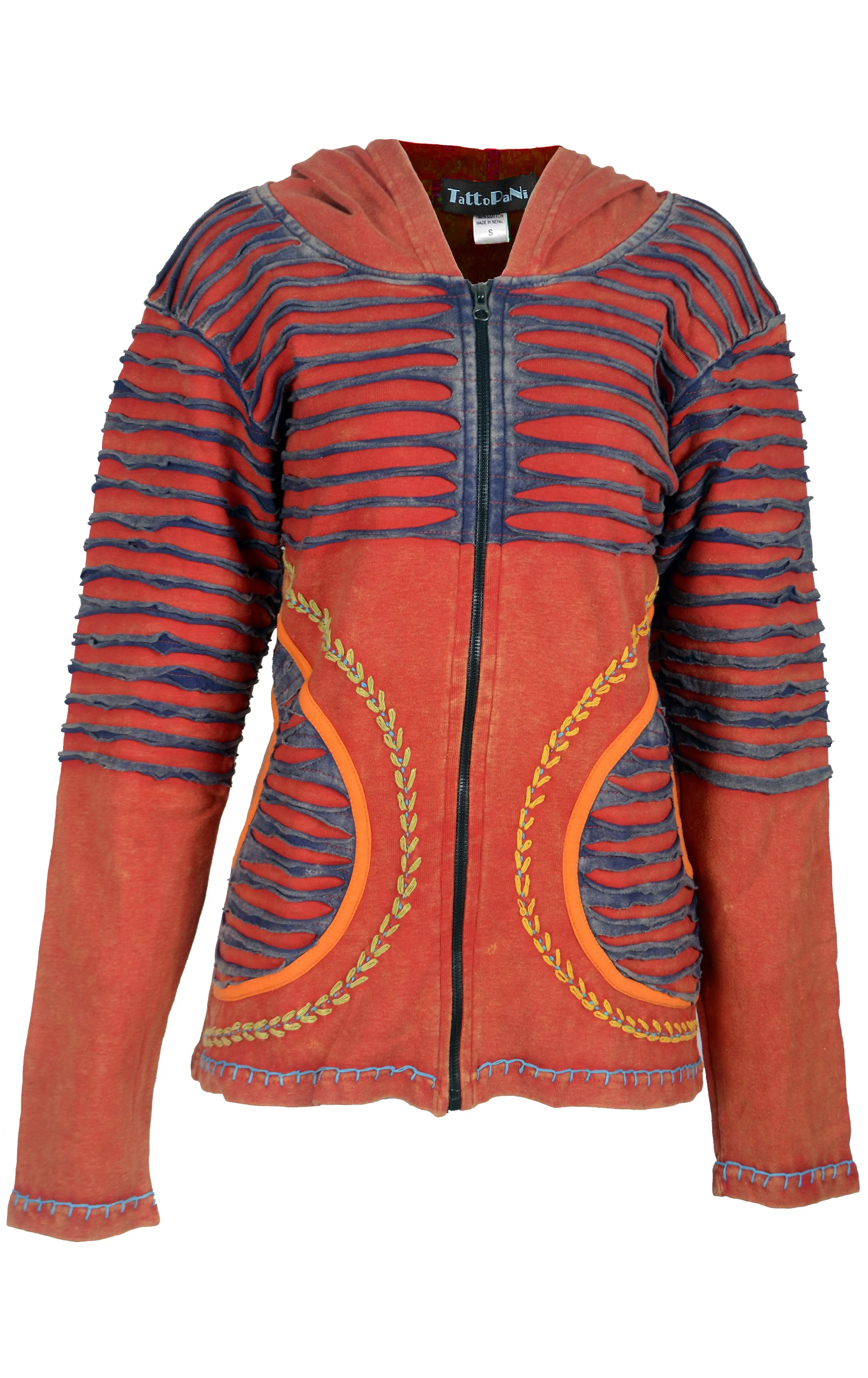 womens-multicolored-stone-washed-cotton-cardigan-with-attach-hood-razor-cut